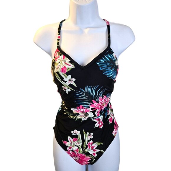 Kona Sol Womens High Coverage One-Piece Swimsuit Tropical Floral Print XS Beach - Picture 3 of 13